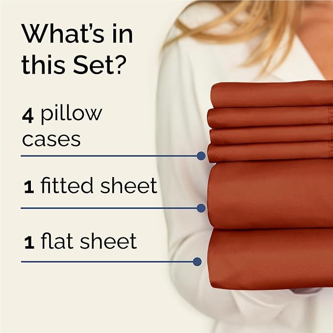 CGK Linens Full 6 Piece Sheet Set - Cooling Sheets for Hot Sleepers - Hotel Luxury Bedding Set w/ 8-16 Inch Deep Pockets - 1 Flat & 1 Fitted & 4 Pillowcases - Soft, Comfy & Wrinkle Free - Terracotta