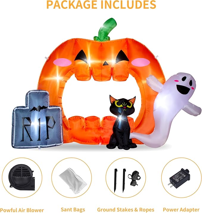 7FT Halloween Inflatable Pumpkin Photo Frame with Tombstone Black Cat White Ghost,Built-in LEDs for Halloween Blow Up Indoor Decor, Cute Fun Holiday/Party/Yard/Garden Fantasy Party Display