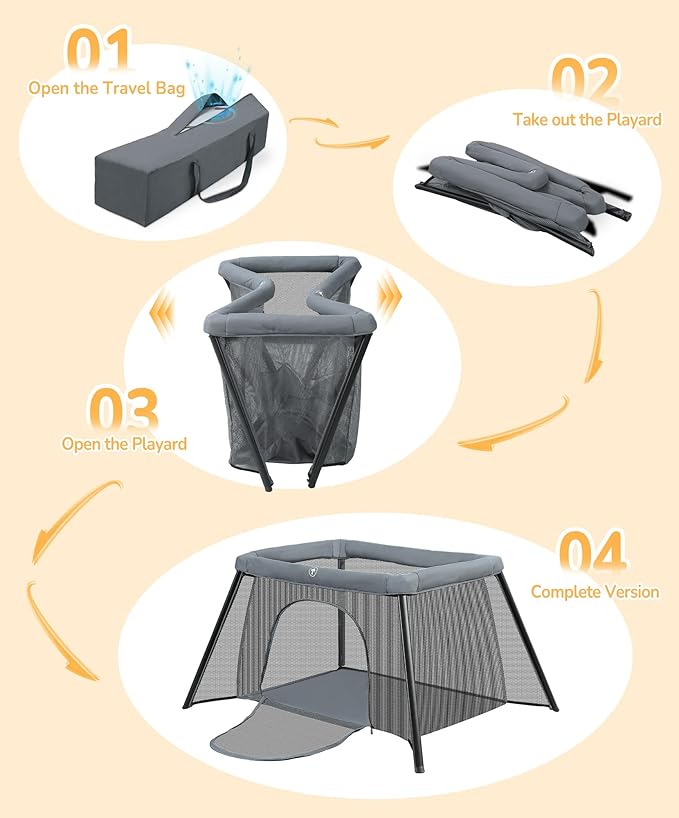 ELEMARA Big Travel Crib for Baby,Portable Crib with Comfortable Mattress,Lightweight Foldable Playpen with Long-Lasting Frame, Indoor & Outdoor Use Playard, Pack and Play for Toddlers(Light Grey)