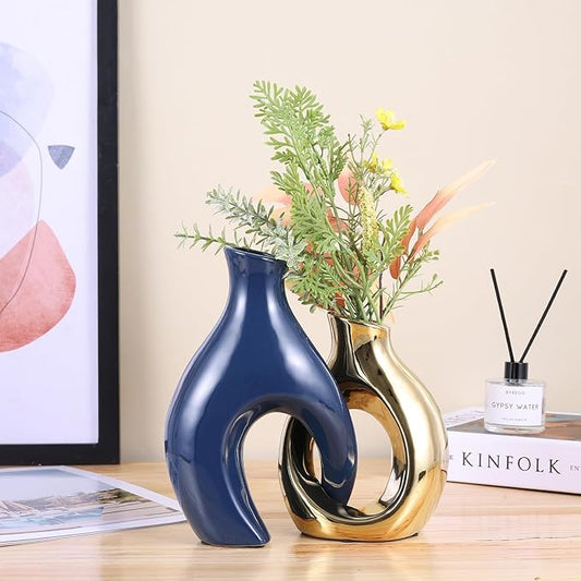 Ceramic Decorative Vase 2 Piece Set, Bohemian Style Openwork Blue and Gold Decorative Vase, Home Decor Aesthetics for Kitchen Cabinets, Office, Bedroom, Dresser, Entryway Table Decoration.