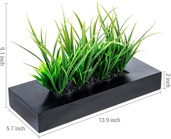 MyGift Large Artificial Green Grass Plants Potted in 14-Inch Matte Black Wood Decorative Planter, Tabletop Faux Greenery in Wooden Rectangular Pot Centerpiece Décor