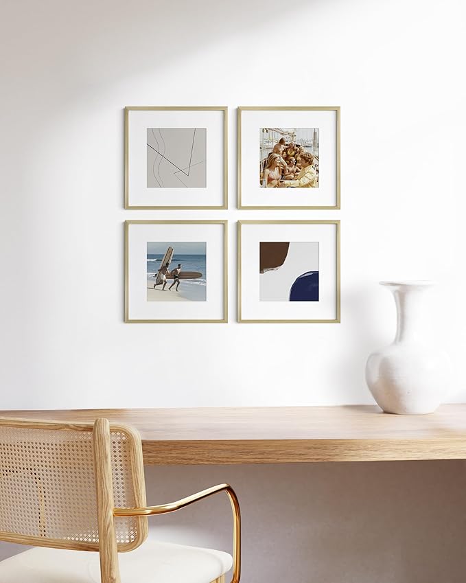 HAUS AND HUES 12x12 Gold Metal Picture Frames Matted to 8x8 - Features Premium Aluminum & Hanging Hardware, Shatterproof Plexiglass - Ideal for Home, Room, Office (12x12 in, Gold, Set of 4)