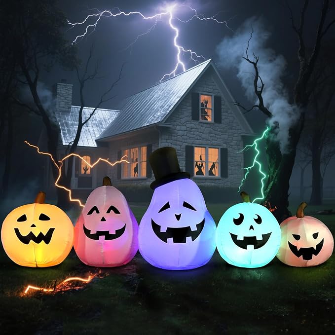 DomKom 8 FT Long Halloween Inflatable White Pumpkin Built in Colorful LED Lights, Holiday Blow up Yard Decoration for Halloween Party Outdoor, Garden Yard Lawn Decor