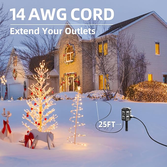 Outdoor Power Strip Weatherproof, 25 FT Extension Cord with Stake, 6 Grounded Outlets for Halloween Decorations and Inflatables, 15A/1875W, ETL Listed