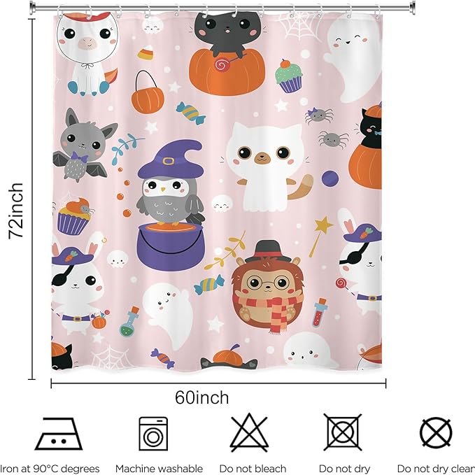 Cute Animal Halloween Shower Curtain 60Wx72L Inch Kids Child Nursery Pumpkin Cartoon Ghost Spider Bathroom Set Accessories Decor Polyester Waterproof with 12 Pack Hooks