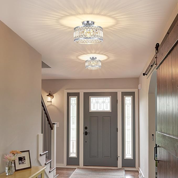 Crystal Ceiling Light Fixture, Modern Semi Flush Mount Ceiling Light, Chrome Lighting Fixtures Ceiling Lamp for Hallway, Kitchen, Entryway, Bedroom, Laundry Room, 1-Light, 11.4 Inch