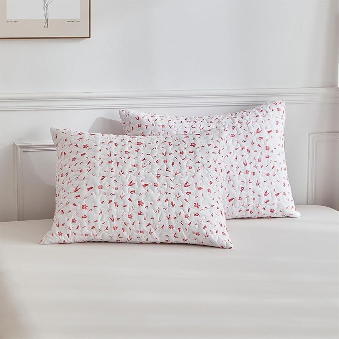 mixinni Full Queen Quilt Bedding Set with Pillow Shams, 3 Piece Boho Pink Floral Bed Coverlets for All Seasons, Soft Lightweight Microfiber Quilted Comforter Set-(90"x96", 1 Quilt+ 2 Pillow Shams)