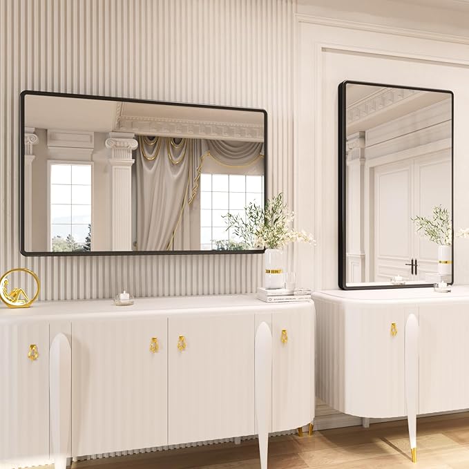 New Upgrade 28X36 Inch Wall Mounted Bathroom Mirror, Black Metal Frame Rounded Rectangle Mirror, Bathroom Vanity Mirror with Tempered Glass for Washroom Bedroom Living Room
