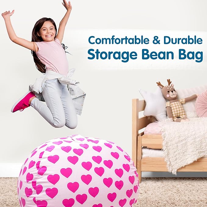 Lukeight Stuffed Animal Storage Bean Bag Chair Cover for Kids, Zipper Beanbag Chair Cover for Organizing Toddler and Kids' Rooms Plush Toys (Heart Velvet, Large)