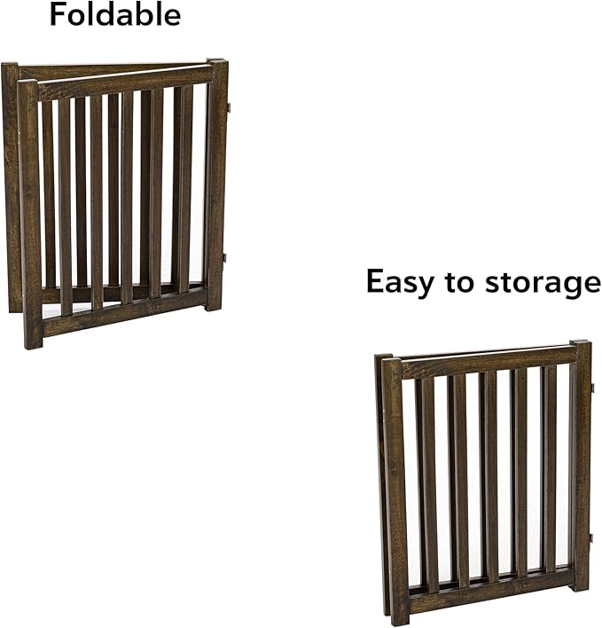 LZRS 2-Panel Wooden Free Standing Foldable Dog Gate – Solid Hardwood 24" High, Step-Over Safety Pet Gate for Doorways, Stairs & Small Spaces - Indoor Use, Walnut