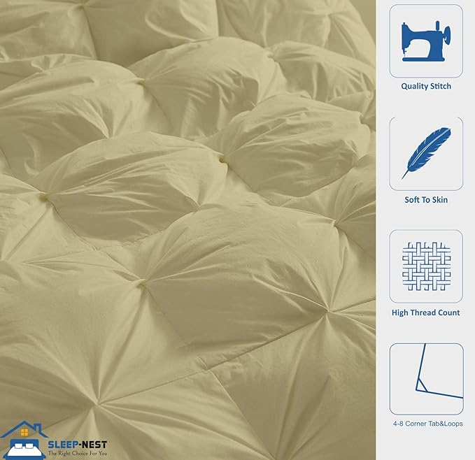 SLEEP-NEST Hotel Luxury King Comforter 102 x 90 - All Season Pintuck Bedding 1 Piece Down Alternative Pinch Pleat Comforter with 8 Corner Tabs - 350 GSM, Ultra Soft, Breathable Quilt - Desert Sand