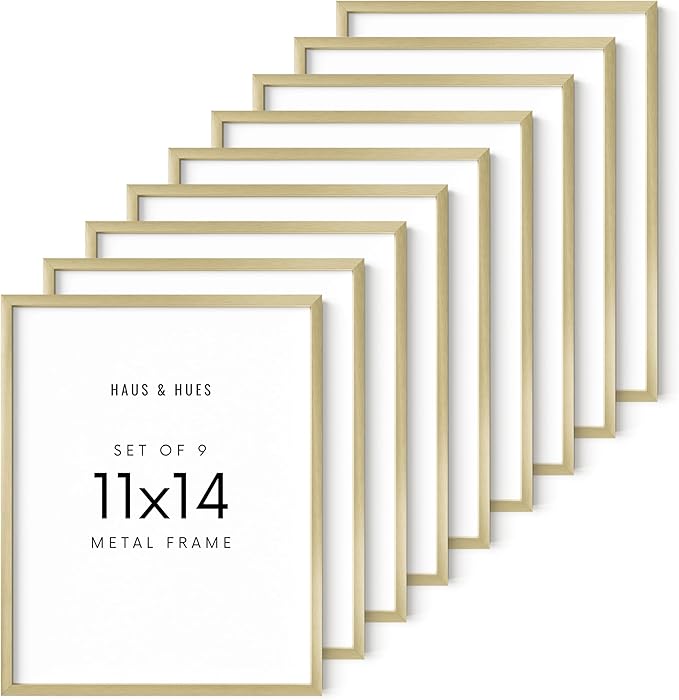 HAUS AND HUES 11x14 Gold Metal Picture Frames - Features Premium Aluminum, Vertical & Horizontal Hang, Shatterproof Plexiglass - Ideal for Home, Room, Office (11x14 in, Gold, Set of 9)