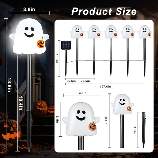 Solar Halloween Ghost Pathway Lights, 10 Pack Ghost Stake Lights with Pumpkin Design, Durable Waterproof Outdoor Halloween Decoration for Garden, Walkway, and Yard (Cold White)