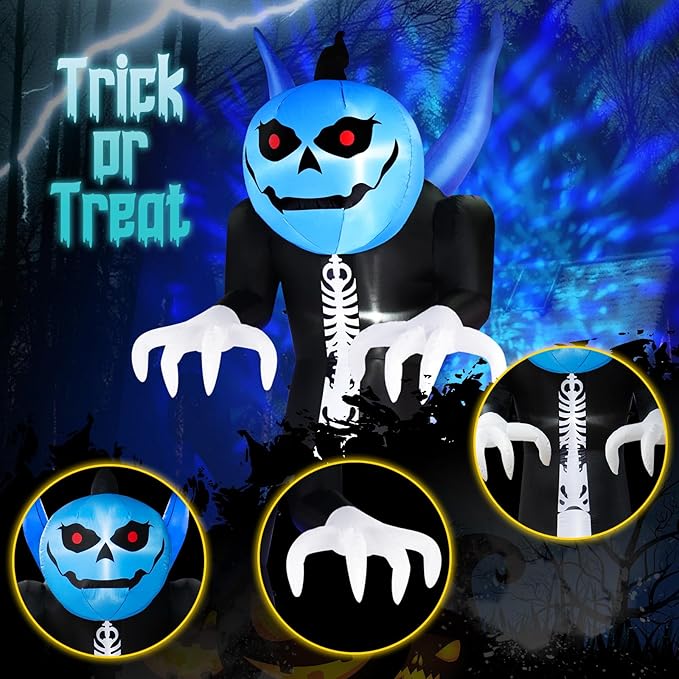 12FT Halloween Inflatables Pumpkin Reaper, Giant Pumpkin Ghost Inflatable Halloween Decorations with Blue Rotating LED Lights Blow Up Yard Decorations for Holiday Party Outdoor Garden Lawn