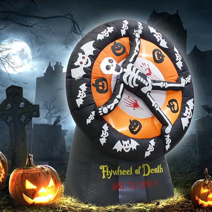 5FT Halloween Day of The Dead Skull Ghost Death Flywheel Inflatable Outdoor Decoration with Built-in LED for Indoor Party Garden Lawn Decoration