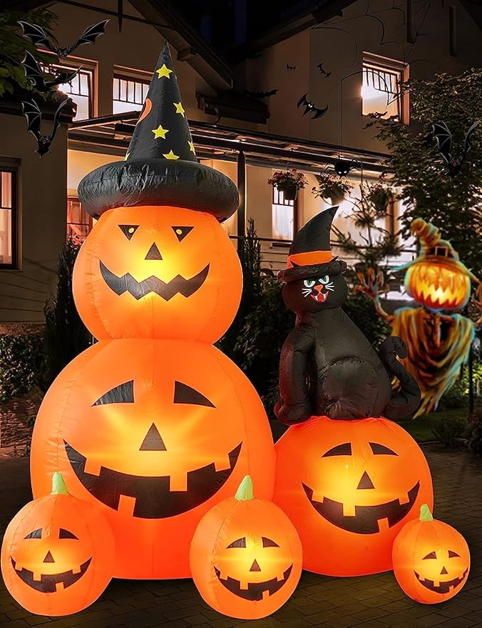 6 FT Halloween Inflatable Decorations Spooky Ghost Pumpkin Lighted and Witch's Cat, Halloween Decorations Outdoor Inflatables Pumpkin Combo with Build-in LED Blow Up Inflatables for Yard Garden