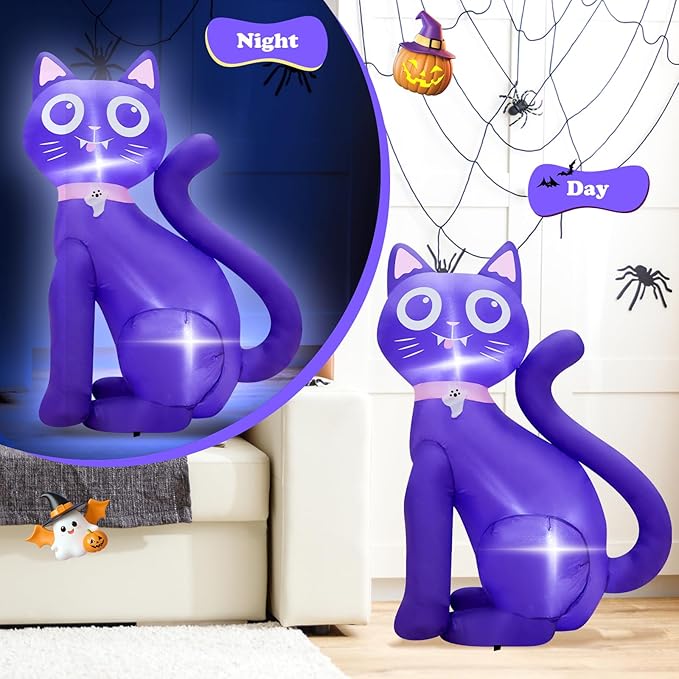 3.5FT Inflatable Decor Purple Cat Halloween Decoration with LED Lights Indoor Outdoor Halloween Horror Blow Up Decor Party Holiday Decoration