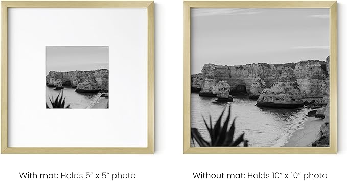 HAUS AND HUES 10x10 Gold Metal Picture Frames Matted to 5x5 - Features Premium Aluminum & Hanging Hardware, Shatterproof Plexiglass - Ideal for Home, Room, Office (10x10 in, Gold, Set of 9)