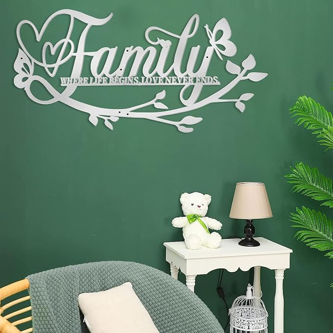 Family Where Life Begins Love Never Ends Word Sign Metal Wall Decor, Silver Home Decor Wall Art Decorations, Letters Quotes Sign for Living Room Bedroom Kitchen Indoor Outdoor Decor(28 x 13in)