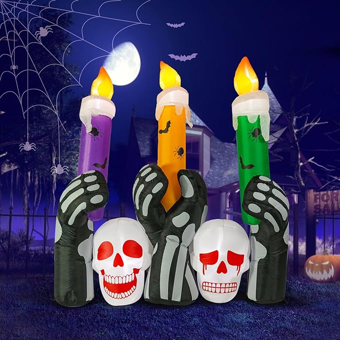 MUMTOP 6 Ft Height Inflatable Outdoor Halloween Decoration, Inflatables Spooky Skull Heads with Large Candles Halloween Decorations Blow up with Built-in LED Lights for Yard Party Holiday Garden Decor