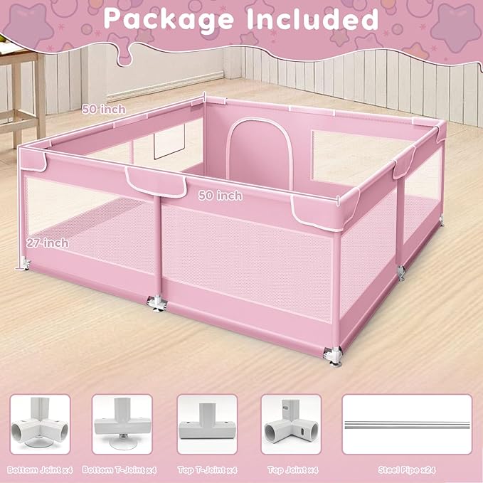 Baby Playpen, Baby Playard for Babies and Toddlers, BabyFence Play Pens for Indoor & Outdoor, Sturdy Safety Play Yard with Soft Breathable Mesh, Anti-Fall, 50 * 50 * 27 inches, Pink