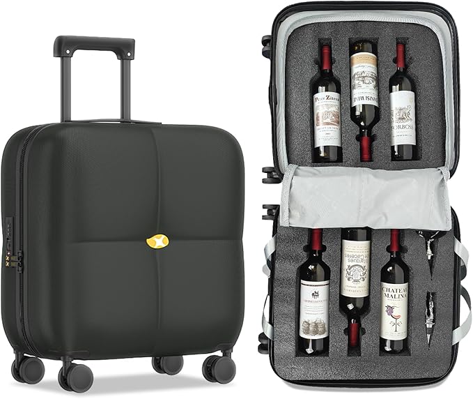 Wine Suitcase, 6 Bottle Wine Luggage, Durable Wine Travel Case, Fly With Wine Suitcase with TSA Lock, Versatile Wine Carrier with Removable Inserts and Silent Spinner WheelsïŒBlackïŒ