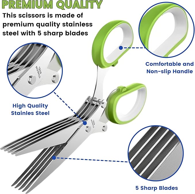 Premium Garlic Press & Herb Scissors Set, Soft & Easy to Squeeze Handle Garlic Press Stainless Steel, Garlic Mincer Tool, Garlic Peeler, Garlic Masher, Crusher & Herb Scissors with 5 Blades and Cover