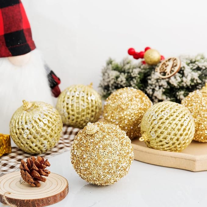 3.15" Christmas Ball Ornaments Glitter Shatterproof Christmas Tree Ornaments Sequin Xmas Hanging Balls Decorations for Wedding Party Holiday(Gold, 12pc-8cm)