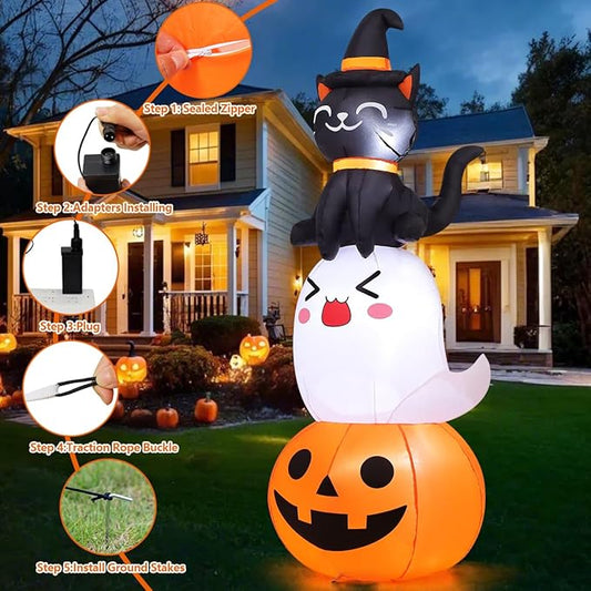 COMIN 6 FT Halloween Inflatables Pumpkin Ghost Cat Combo Outdoor Decorations Blow Up Yard with Built-in LEDs for Indoor Party Garden Lawn Decor