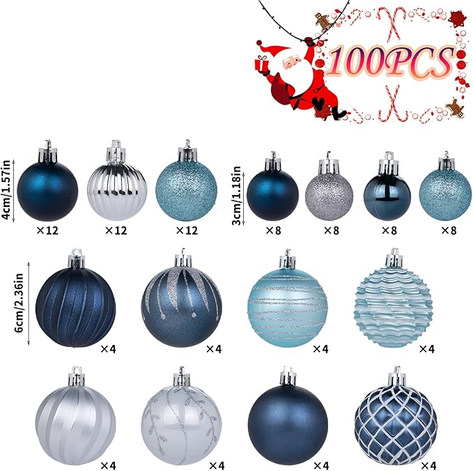 100Pcs Christmas Ball Ornaments Set, Assorted Shatterproof Christmas Ornament, Christmas Tree Theme Hanging Decoration for Xmas Tree Holiday/Party/Home Decor (Blue & Silver)