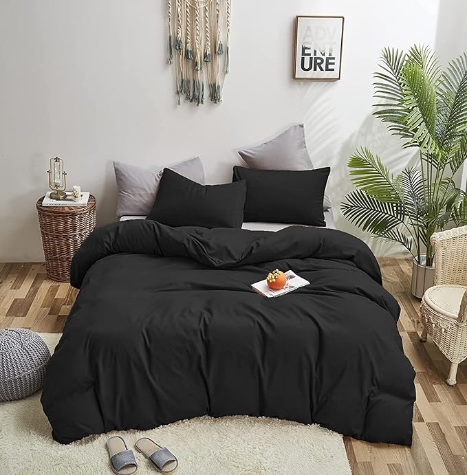 Wellboo Black Comforter California King Solid Color Bedding Set Soft Cal King Dark Black Quilt Comforters Lightweight All Seasons Minimalist Design Bedding for Women Men Vintage Bedding