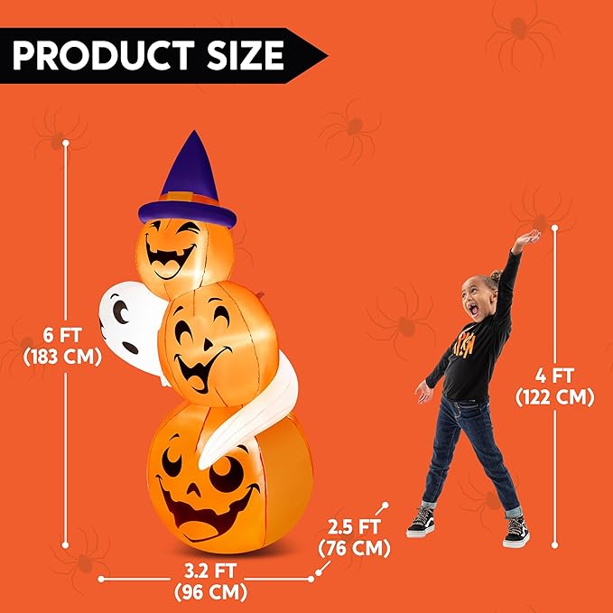 Joiedomi 6 FT Tall Halloween Inflatable Outdoor Decorations, Pumpkin Inflatable Halloween Decor Outdoor, Blow Ups Ghost and Pumpkins with Witch Hat for Cute Decorations Outdoor
