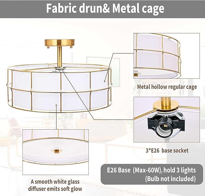 16" Semi Flush Mount Ceiling Light Fixture, 3-Light Golden Metal Mesh Drum Ceiling Light, Modern Close to Ceiling Light Fixtures with White Fabric Shade for Bedroom Living Room Kitchen Hallway