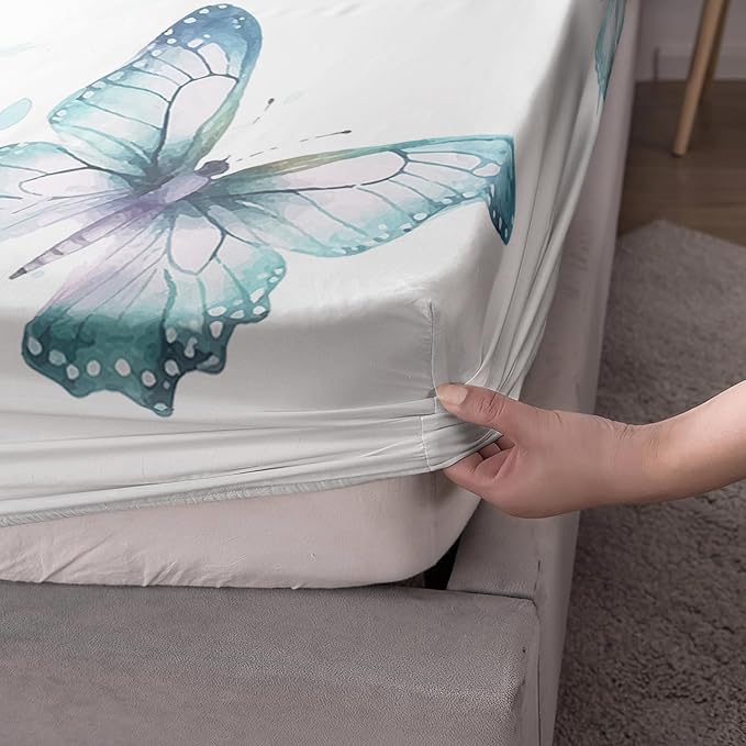 AILONEN Wolf Fitted Sheet Set Queen Size, Blue Tie Dye Wolf Bed Sheet Set Decor,3 Pieces Moon Wolf Sheet Set,Modern Watercolor Wolf and Butterfly Fitted Sheet with 2 Pillowcases