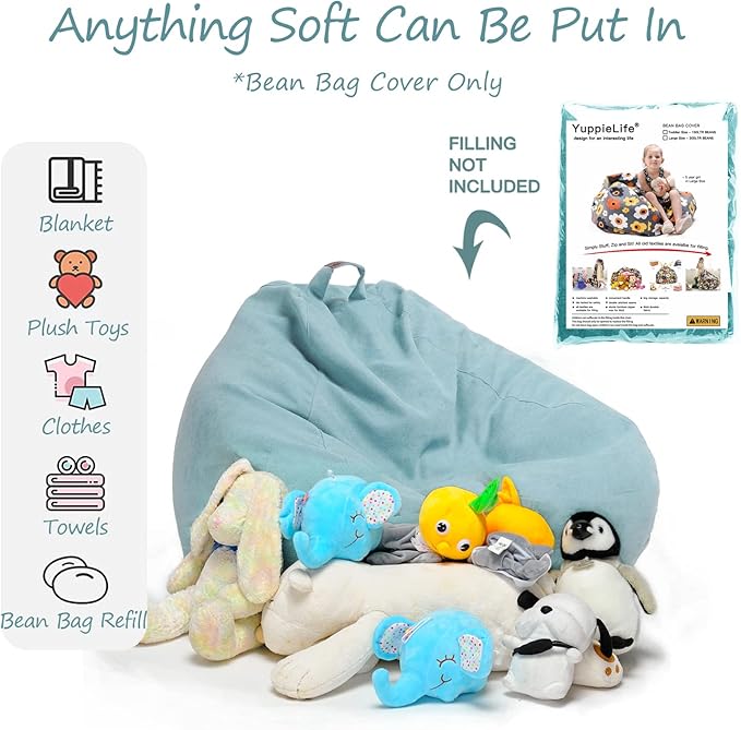 YuppieLife Stuffed Animals Bean Bag Chair Cover Candy-Colored Bean Bag(Just Cover, No filling)/Extra Large Stuff 'n Sit Organization/Toy Storage Bag/Kids Toys Organizer(38'',Mint Green)