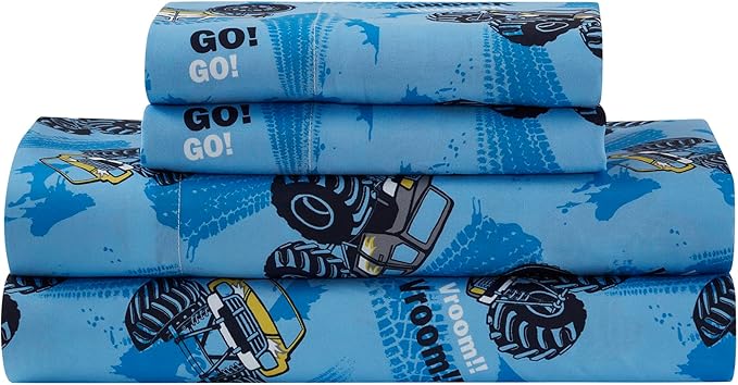 Kids Bedding Set Bed in a Bag for Boys and Girls Toddlers Printed Sheet Set and Comforter, Full, Monster Truck