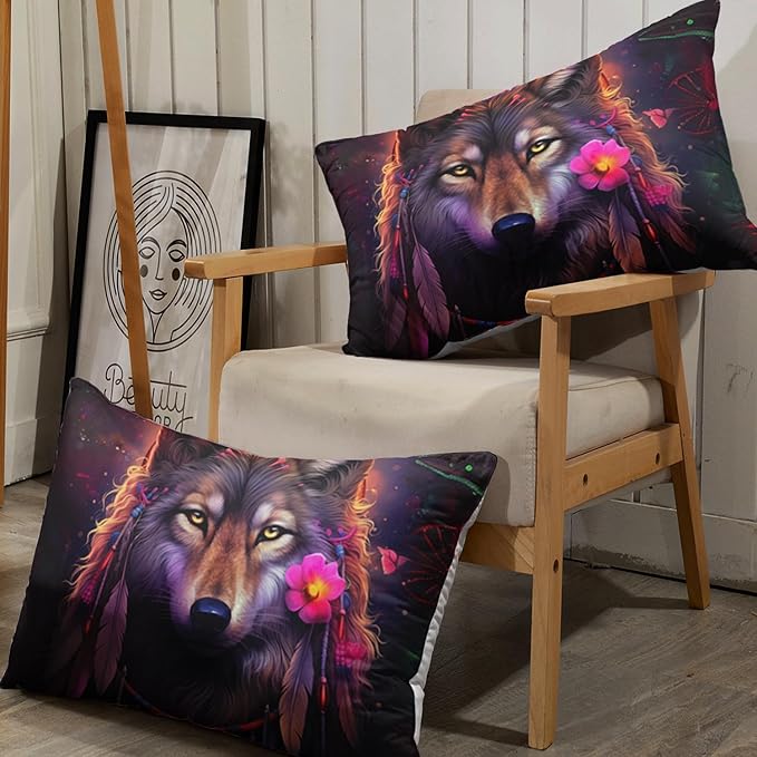 AILONEN Wolf Dream Catcher Fitted Sheet Set Queen Size, Wildlife Wolf Bed Sheet Set,Safari Animal Moon Wolf Fitted Sheet and 2 Pillowcases,3 Pieces(Boys/Men/Kids/Teens)