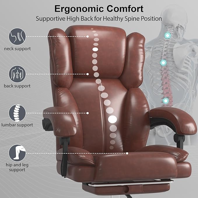 Big and Tall Office Chair, Ergonomic Leather High Back Executive Computer Chair with Retractable Footrest, Adjustable Headrest, Padded Arms, 360°Swivel Free, 90-135°Reclining, 500lbs Wide Seat, Brown