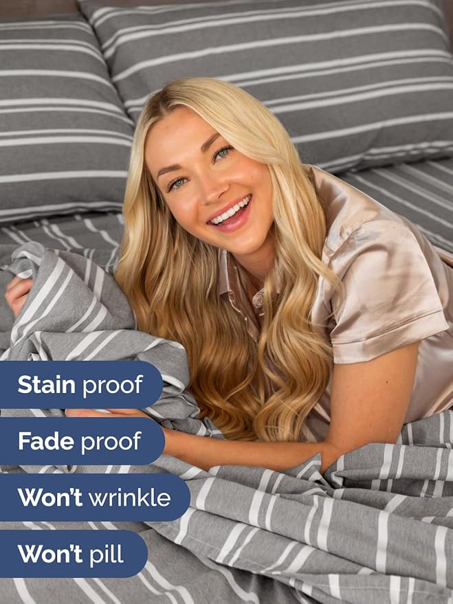 Extra Deep Queen Sheet Set - 6 Piece Breathable and Cooling Sheets - Hotel Luxury Bed Sheets Set - Easy Fit - Soft, Wrinkle Free and Comfy Sheets Set - Grey Striped Sheet Set with Extra Deep Pockets
