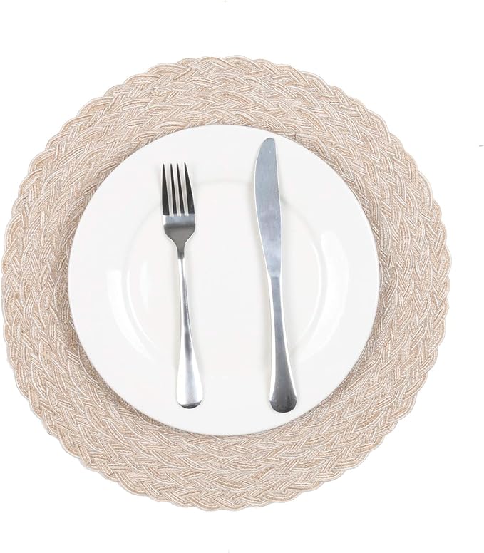 SHACOS Round Braided Placemats 15 inch Set of 6 Thick Boho Kitchen Table Placemats for Home Wedding Party (T-Beige, 6)