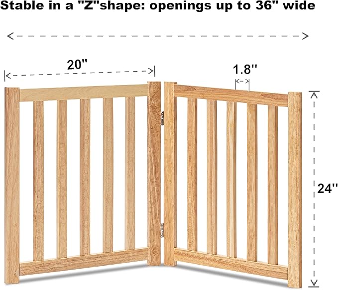 LZRS 2-Panel Wooden Free Standing Foldable Dog Gate – Solid Hardwood 24" High, Step-Over Safety Pet Gate for Doorways, Stairs & Small Spaces - Indoor Use, Natural