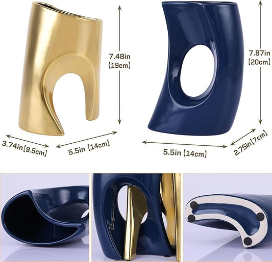 Blue and Gold Vase Set of 2, Nordic Modern Ins Style Vases, Boho Ceramic Vases for Centerpieces, Mid Century Abstract Donut Vase, Unique Funky Vase for Wedding, Decorative Pampas Grass Vase Decor