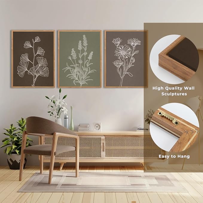 IARTTOP Framed Boho Botanical Picture Canvas Wall Art Vintage Floral Art Prints Minimalist Neutral Plant Wall Decor for Living room Bedroom Office-12 * 16 Inch Set of 3