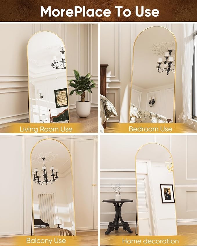 Full Length Mirror, 59"x19" Floor Mirror, Arch Floor Standing Mirror Freestanding Arch Full Body Mirrors with Stand for Bedroom, Hanging Mounted Mirrors for Living Room Cloakroom, Gold