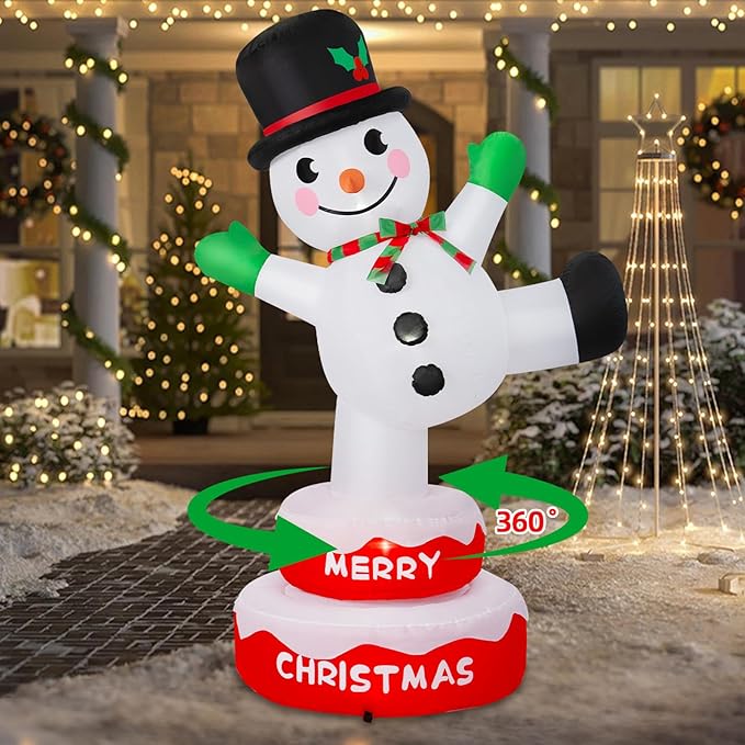 6FT Christmas Inflatables Snowman Outdoor Decorations, Rotating Snowman Stands on Donut Base Christmas Blow Up Yard Decoration Built-in LEDs Snowman Inflatable for Xmas Party Garden Lawn Decor