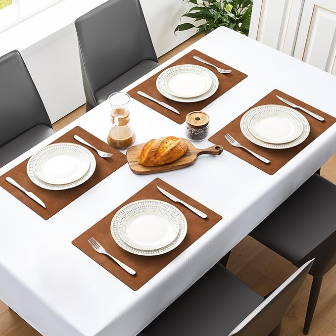 MOSAYT Vinyl Placemats Set of 4-12 X 17 Inch - Faux Leather 100% Waterproof Oil-Proof Wipeable PU Place Mats, Heat Resistant Reversible Table Mats for Kitchen, Dining, Outdoor (Reddish Brown)