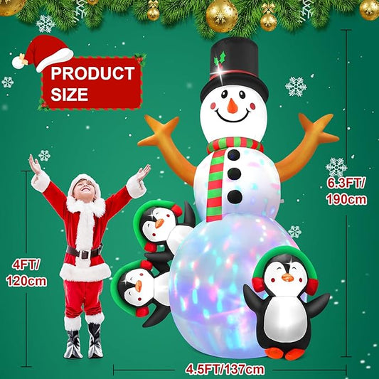 6.3 FT Christmas Inflatable Snowman Outdoor Decoration with Build-in Multicolor LEDs, Snowman with 3 Penguins Blow Up Inflatables Christmas for Yard Garden Lawn Xmas Holiday Decor
