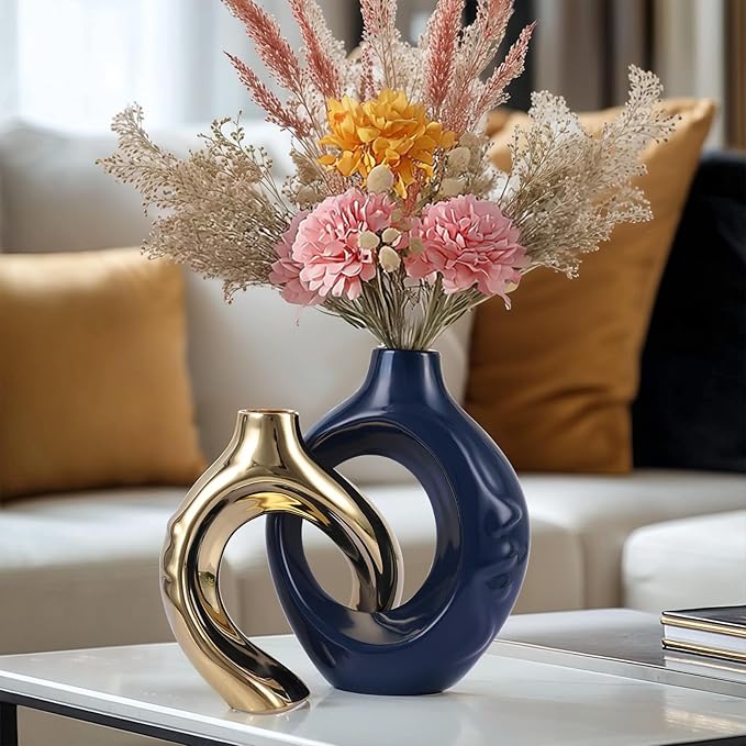 Blue Gold Ceramic Vase Set of 2 for Modern Home Decor,Round Boho Vase for Pampas Grass,Neutral Minimalist Vase for Dining Room Table Centerpiece Dining Room,Wedding Table Decoration