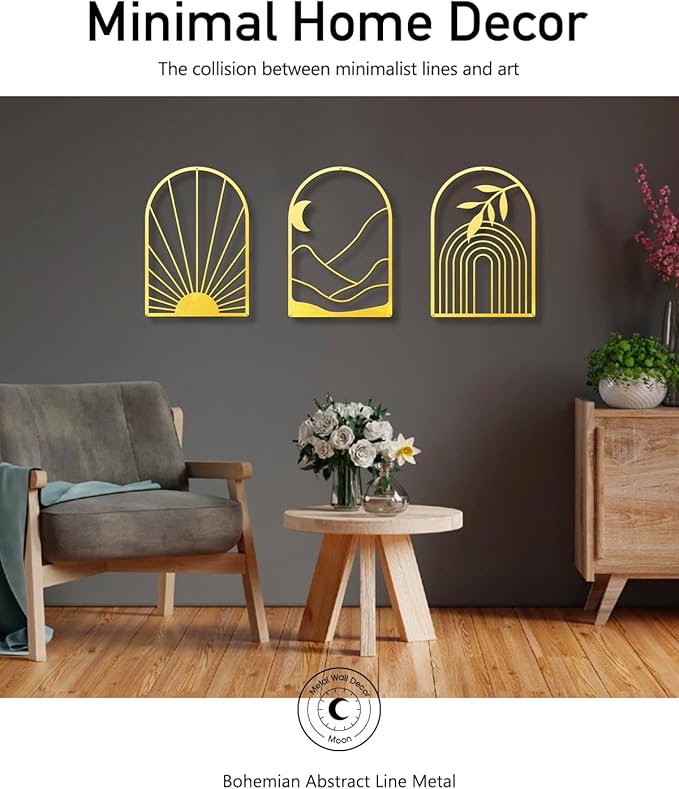 Sokurdeg Boho Metal Wall Art, 3 Pack, 12 x 17 in, Modern Abstract Line Wall Decor for Living Room, Bedroom, Bathroom