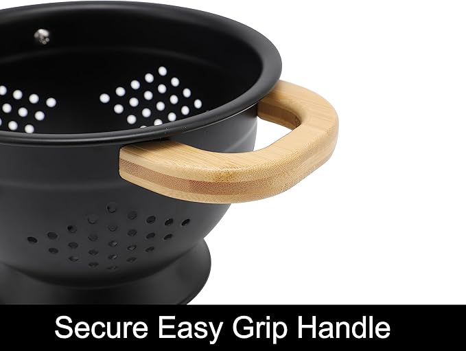 Metal Colander with Wood Handle | Set of 3 with Bamboo Handles | 1.5Q, 3Q, 5Q (Black Sesame Seed)